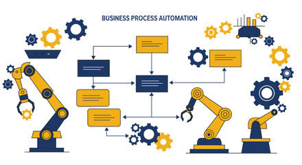 Poster - Business process automation vector illustration for industrial workflow with robotic arms and gears in flat style