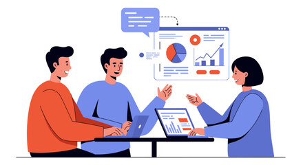 Poster - Business team meeting with data visualization and analytics in flat vector illustration style