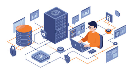 Poster - Data security and networking isometric vector illustration for digital protection design