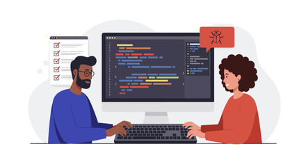 Fototapete - Collaborative programming concept with debugging in a modern flat vector illustration for educational posters