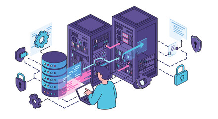 Poster - Cybersecurity and data management vector illustration for it solutions and network infrastructure