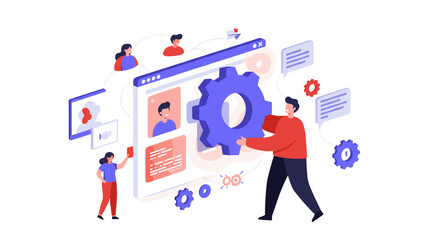 Poster - Teamwork collaboration concept vector illustration in isometric style for digital platform design