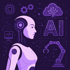 Fototapete - Modern Flat Style Artificial Intelligence Female Robot Technology Illustration
