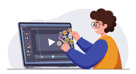 Fototapete - Young content creator engaged in video editing process vector illustration for digital media design