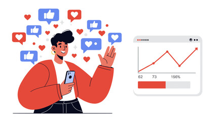 Poster - Social media engagement vector illustration: modern communication and analytics in flat style for digital marketing