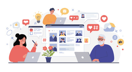 Poster - Teamwork and social media engagement vector illustration - flat style design for collaborative digital workspace
