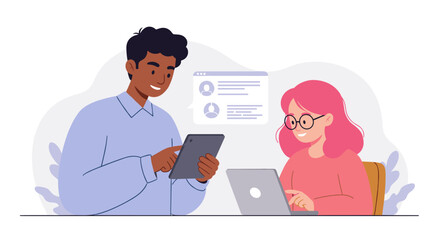 Poster - Team collaboration vector illustration for workplace communication and technology design