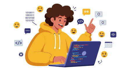 Poster - Coding enthusiast in yellow hoodie working on laptop with chat icons vector illustration