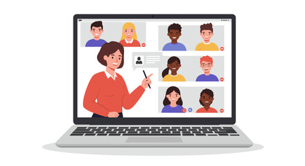 Fototapete - Online education video conference vector illustration for remote learning and virtual team meetings in flat style