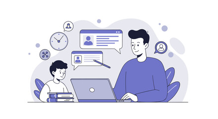 Poster - Remote learning and communication: vector illustration of father and son using laptop in modern flat design