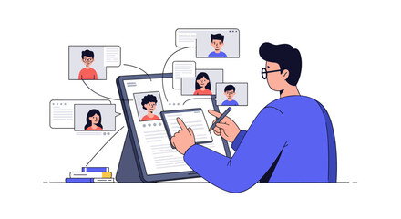 Poster - Online meeting vector illustration: virtual communication and collaboration design in flat style