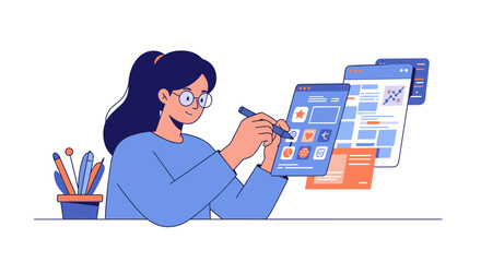 Fototapete - Young woman designing user interface on digital tablets vector illustration for web and app development projects