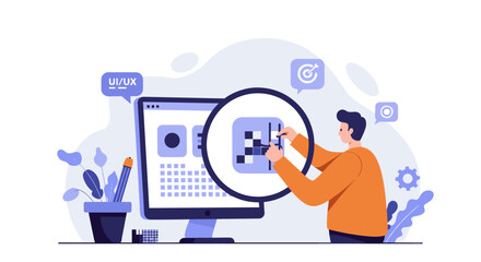 Fototapete - Ui ux design process vector illustration with designer at computer in flat style