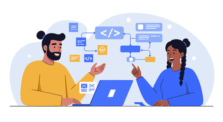 Fototapete - Team collaboration on software development project - flat vector illustration for web or app design