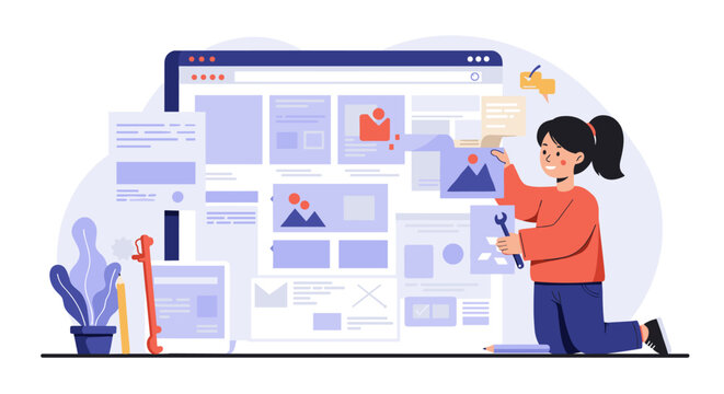 Web development concept with woman designer in flat style vector illustration for website design