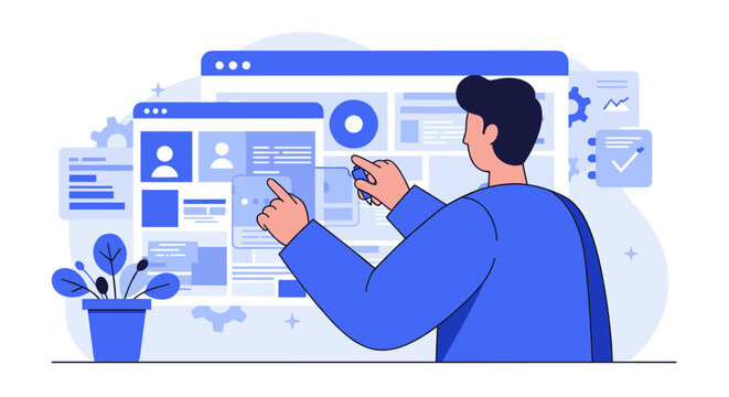 User experience design with interactive interface elements in flat vector illustration