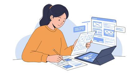 Poster - Web design and development concept with person sketching on paper and digital tablet in modern workspace vector illustration