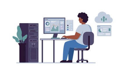 Poster - Data analysis office scene vector illustration for tech projects and reports in flat style