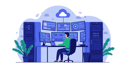 Poster - Network operations center control room vector illustration for technology and security design