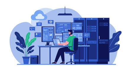 Aufkleber - Modern it professional managing network in data center vector illustration for tech posters and prints