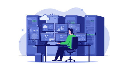 Poster - Network operations center with server racks and monitoring screens vector illustration