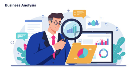 Poster - Business analysis vector illustration for data insights and market strategies