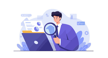 Poster - Business analysis with magnifying glass and laptop vector illustration - flat style for design and marketing concepts