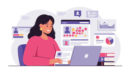Poster - Business analytics and online communication vector illustration for digital work environments