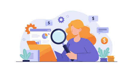 Poster - Business analysis vector illustration with woman examining data for financial insights and planning