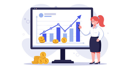 Poster - Business growth chart vector illustration featuring woman analyzing financial data for success design