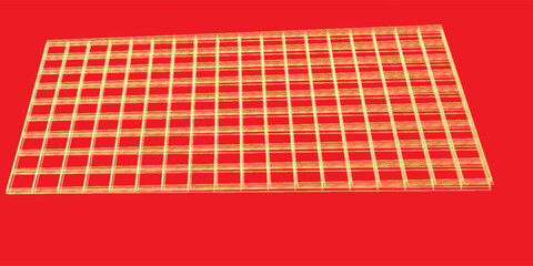Aufkleber - Abstract yellow wireframe grid on a bold red background, creating a geometric, futuristic perspective effect.