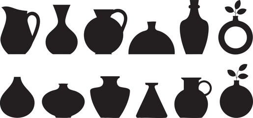 Poster - Assorted Vase Silhouette Collection Vector Art: Diverse Ceramic Container Shapes for Floral Arrangements, Home Decor, and Artistic Compositions on Transparent Backdrop
