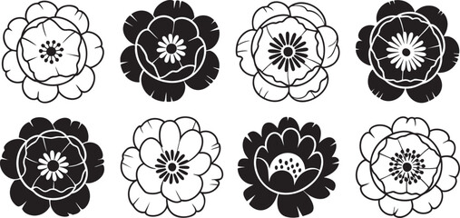 Poster - Black and White Flower Outlines Vector Art A Collection of Simple Flower Illustrations for Botanical Designs and Garden-Themed Projects, Isolated on Transparent