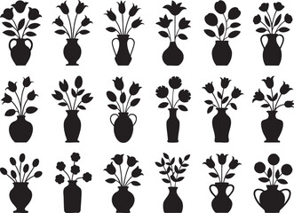 Poster - Black and White Flower Vases Vector Art A Collection of Simple Flower Illustrations in Vases for Botanical Designs and Garden-Themed Projects, Isolated on Transparent