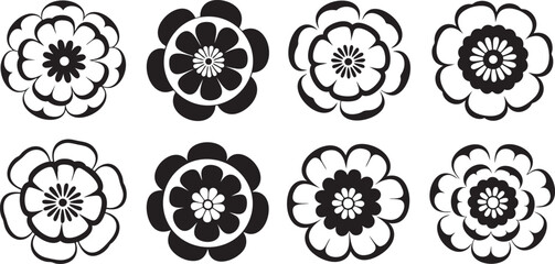 Poster - Black and White Flower Silhouettes Vector Art A Collection of Simple Flower Illustrations for Botanical Designs and Garden-Themed Projects, Isolated on Transparent