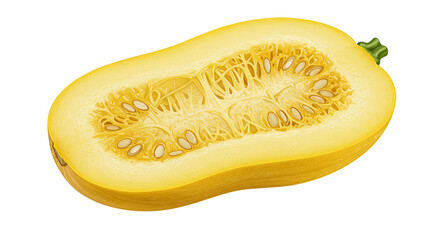 Aufkleber - Halved spaghetti squash revealing stringy flesh and seeds in close up view