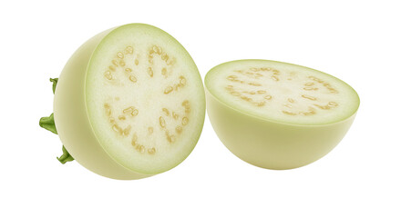 Poster - Halved white eggplants revealing seeds on a black and vibrant background