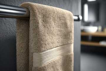 Poster - Soft towel hanging on a metal rack in a modern bathroom interior with a clean and stylish design