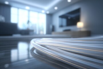 Poster - Clear tubing lies on polished wood floor in a modern living room during daylight hours