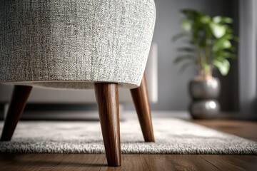 Poster - Modern upholstered chair positioned on a stylish rug with indoor plant in cozy living room setting