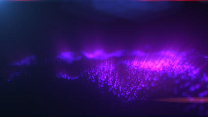 Poster - Abstract purple glowing wave of light particles on a dark background. Futuristic fiber optics or digital soundwave concept