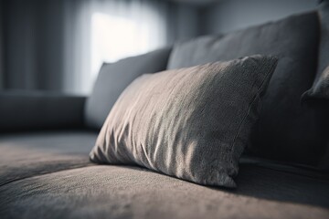 Poster - Soft gray pillow resting on a comfortable couch in a cozy living room with natural light streaming in