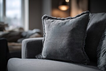 Poster - Cozy gray couch with a textured pillow set in a modern living room during late afternoon light