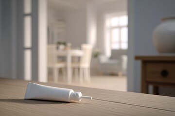Poster - White tube on wooden surface in a bright room with a dining area and soft furnishings in background