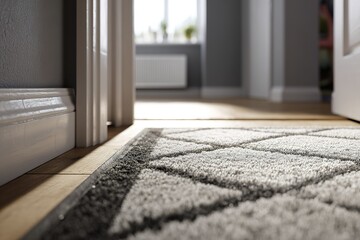 Poster - Cozy hallway with a textured rug and natural light filtering in during midday