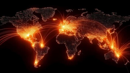 Poster - Glowing orange lines connecting major cities across stylized world map, representing expanding global networks, international communication, and interconnected digital infrastructure