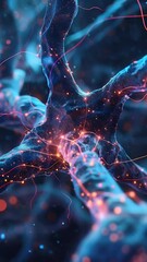 Poster - Abstract glowing neural network illustration with blue and orange colors. Detailed view of neuron cells with a dark background. Concepts of science technology and artificial intelligence