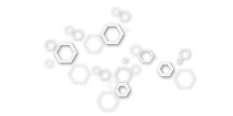 Wall Mural - An abstract arrangement of interconnected hexagonal shapes in subtle white and light gray, with soft shadows, creating a minimalist and modern honeycomb-like pattern on a clean white background.