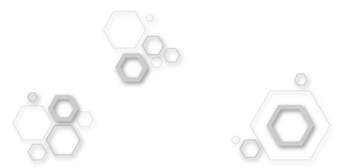 Wall Mural - An abstract arrangement of interconnected hexagonal shapes in subtle white and light gray, with soft shadows, creating a minimalist and modern honeycomb-like pattern on a clean white background.