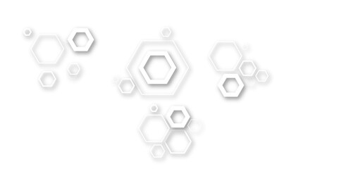 Wall Mural - An abstract arrangement of interconnected hexagonal shapes in subtle white and light gray, with soft shadows, creating a minimalist and modern honeycomb-like pattern on a clean white background.
